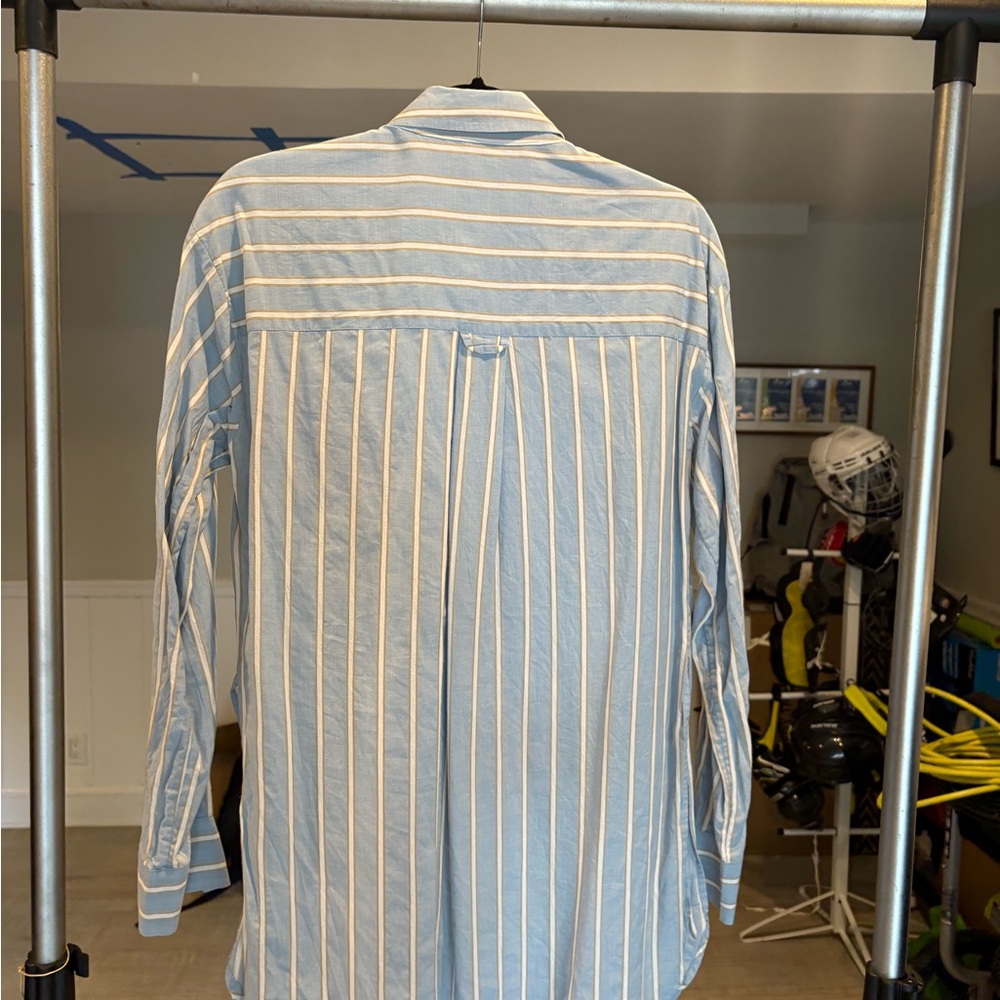 Veronica Beard Light Blue and White Vertical Stripe Button-Down Shirt - Picture 3 of 3